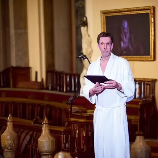 Image similar to robed Alastair Crowley giving a magick lecture in front of the United States senate, photojournalism, news, CNN, intricate detail, award winning photography,