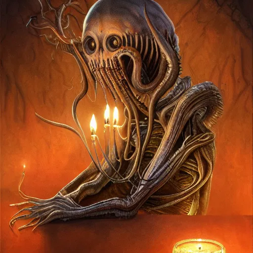 Image similar to ilithid mindflayer wearing headphones and playing synthesizers, glowing candles, elegant, intricate, digital painting, airbrush painting, artstation, sharp focus, illustration, by HR Giger,