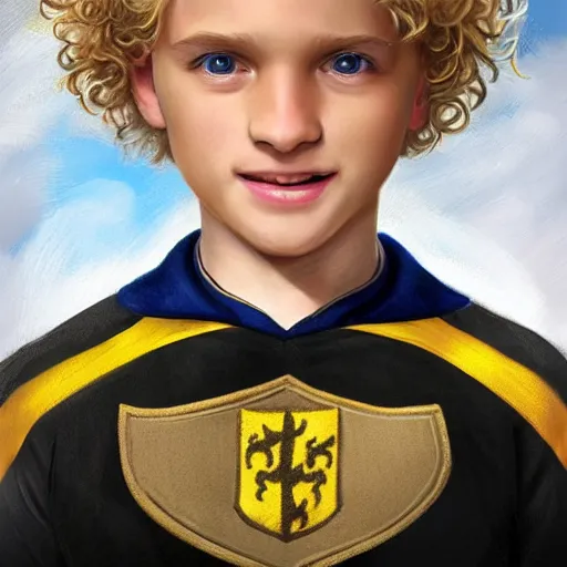 Prompt: close - up portrait a short slightly curly blonde hair hufflepuff!! boy age 1 1 years old with grey - blue eyes, cute, smiling!! fantasy, portrait, highly detailed, digital painting, artstation, concept art, sharp focus, illustration, studio photo, studio lighting, art by artgerm and greg rutkowski and magali villeneuve