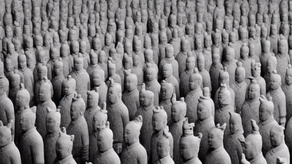 Image similar to A terracotta army of David Byrne in big suits, vintage photograph