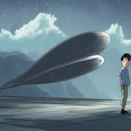 Prompt: an asymmetrical cell - shaded studio ghibli concept art study of a huge silver flying ufo in the sky. an elegant alien is greeting a middle eastern merchant on the ground. very dull colors,, hd, 4 k, hq