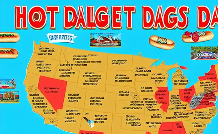 Image similar to hot dogs across america map, detailed, map key, tourist map, brochure