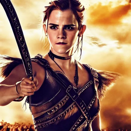 Image similar to emma watson as xena, movie poster. symmetry, awesome exposition, very detailed, highly accurate, professional lighting diffracted lightrays, 8 k, sense of awe