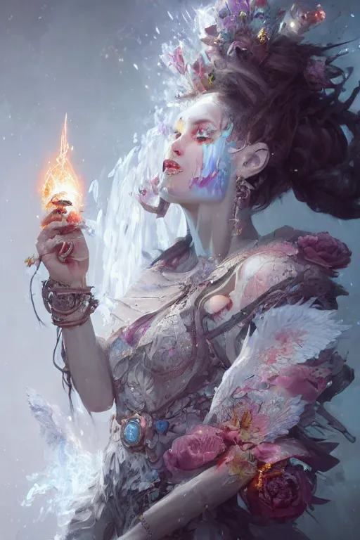 Image similar to beautiful girl necromancer, witch - doctor covered with ice exploding into flowers, angels, 3 d render, hyper realistic detailed portrait, holding fire and electricity, ruan jia, wlop. scifi, fantasy, magic the gathering, hyper detailed, octane render, concept art, peter mohrbacher