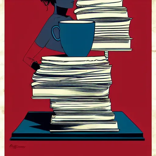 Prompt: Poster of a Cup of coffe on a stack of books, digital art, award winning, trending on artstation, art by artgerm and patrick nagel