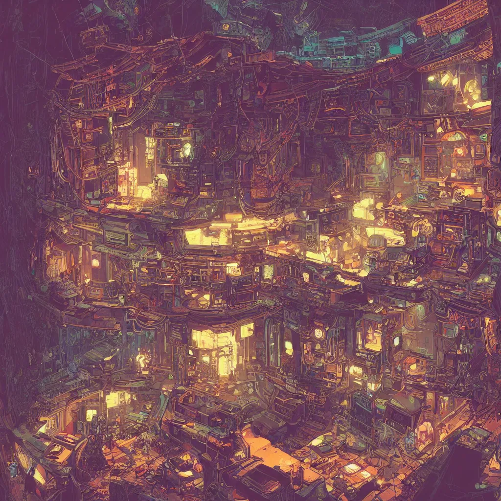 Image similar to Stunningly intricate illustration of a cyberpunk explorer playing video games in his treehouse, highly detailed, midnight, by Victo Ngai and James Gilleard , Moebius, Laurie Greasley