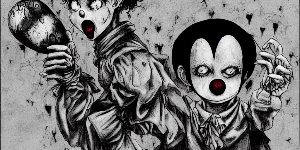 Image similar to A clown holding a balloon , horror, creepy, dark, manga,, pencil, inspired by junji ito, superior quality, masterpiece