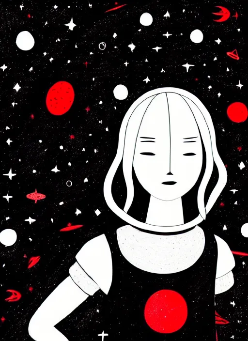 Prompt: highly detailed portrait of a hopeful pretty astronaut lady with a wavy blonde hair, by Jon Klassen, 4k resolution, nier:automata inspired, bravely default inspired, vibrant but dreary but upflifting red, black and white color scheme!!! ((Space nebula background))