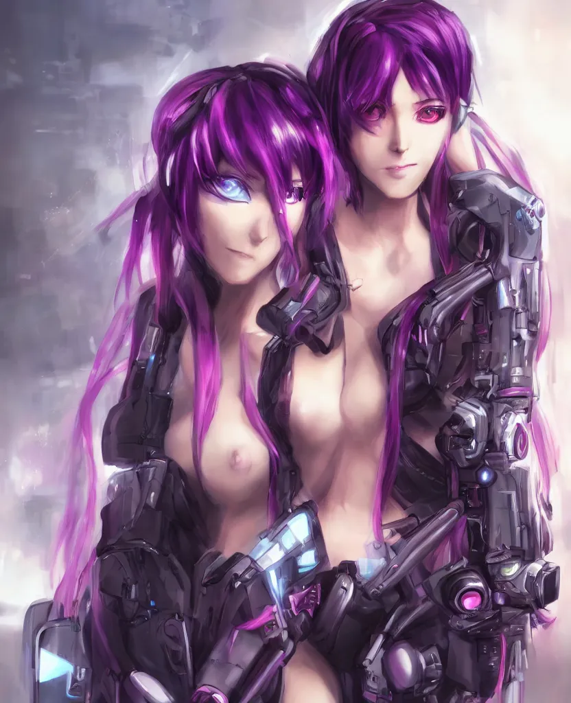 Prompt: A beautiful painting of a cyberpunk anime girl with purple hair and an a huge robot arm sensual stare, Trending on artstation. augmentations and cybernetic enhancements neon circuits