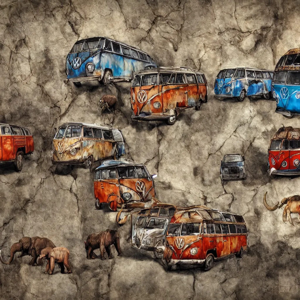 Prompt: prehistorical fresco of vw buses and mammoths, cave wall, spotlight, hard light, finger painting