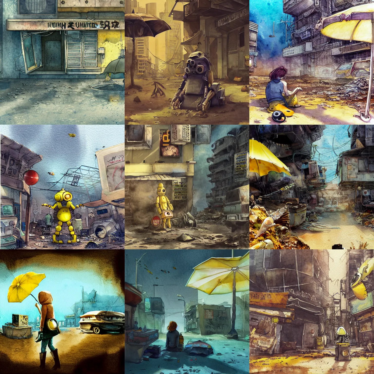 Prompt: incredible underwater exploration, simple watercolor, harsh bloom lighting, rim light, abandoned city, paper texture, movie scene, distant shot of hoody girl side view sitting under a yellow parasol in deserted dusty shinjuku junk town, old pawn shop, bright sun bleached ground, phantom crash, robot monster lurks in the background - h 7 6 8
