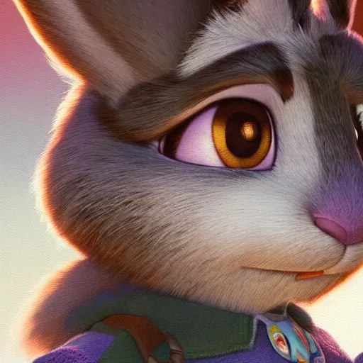 Image similar to A portrait of Judy Hopps, up close, soft lighting, beautiful lighting, backlit fur, trending on artstation, greg rutkowski, award winning painting, digital painting of Judy hopps, a female anthropomorphic bunny