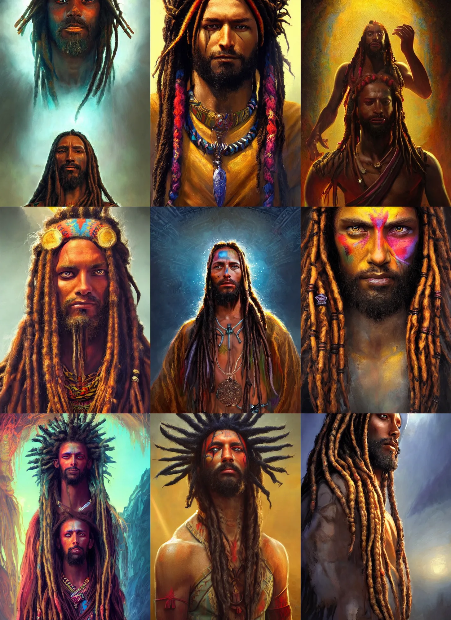 Prompt: aztec dreadlock jesus , vivid colors, dark shadows, contrast, concept art, sharp focus, digital art, Hyper-realistic, 4K, Unreal Engine, Highly Detailed, Dramatic Lighting, Beautiful, by Brom, bastien lecouffe-deharme