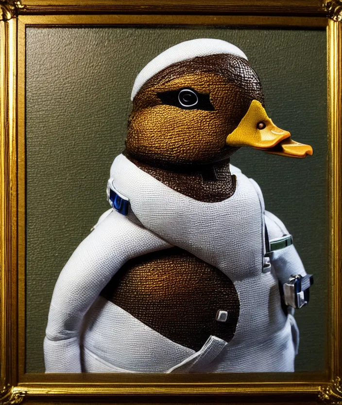 Prompt: duck astronaut, proudly posing for a portrait, heroic, painted by leesha hannigan, intricate, detailed, atmospheric lighting.