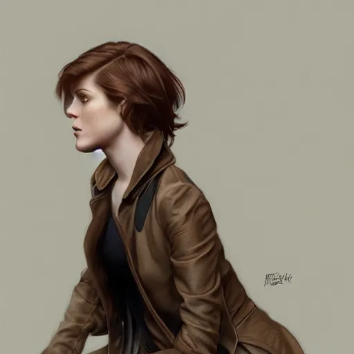 Image similar to full figure ultra realistic illustration, evan rachel wood with brown hair and bangs, wearing a brown trench coat, intricate, elegant, highly detailed, digital painting, artstation, concept art, smooth, sharp focus, illustration, art by artgerm and greg rutkowski and alphonse mucha