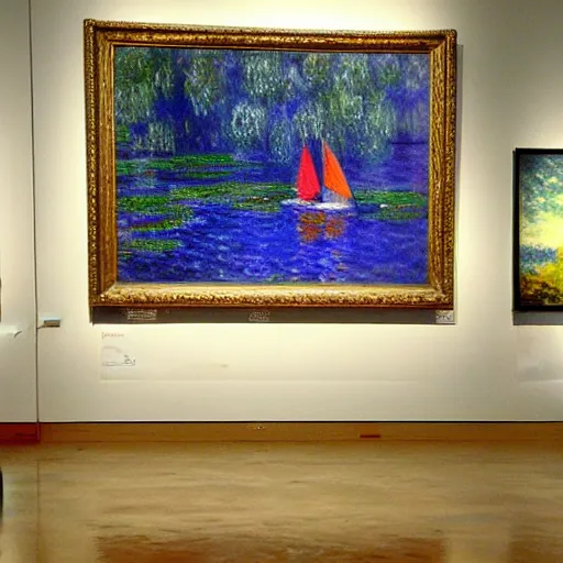 Image similar to An art gallery displaying Monet paintings. The art gallery is flooded. Robots are going around the art gallery using paddle boards