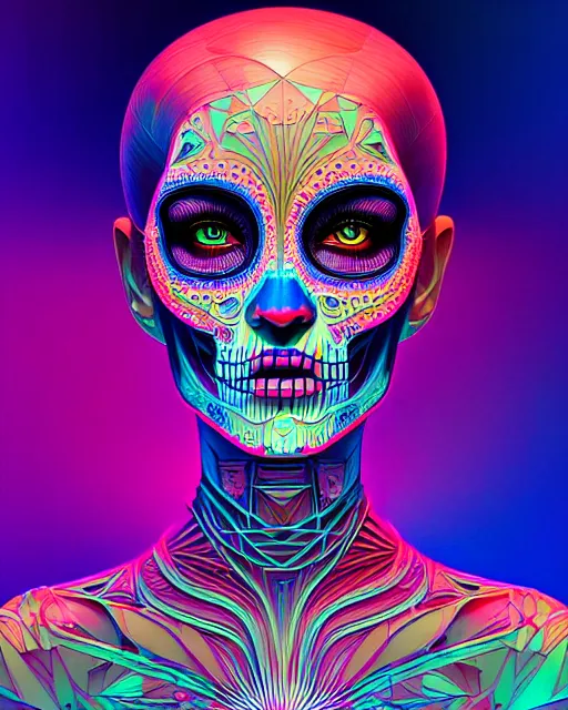 Prompt: ultra detailed beautiful female android, side portrait, sharp focus, highly detailed vfx portrait, scribble art, geometric shapes, global illumination, by james jean and moebius and artgerm and liam brazier and victo ngai and tristan eaton. vector art, digital illustration, concept art, dia de los muertos. 8 k, hdr