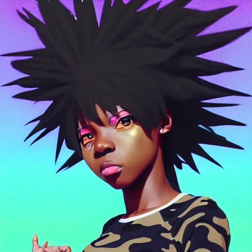 Image similar to portrait of black anime manga girl, throwing punch pose towards camera, french bob hair, white hair, wearing camo, by gustave dore, vaporwave colors, lofi colors, vaporwave, lofi, goth vibe, 4 k, smooth, hd, substance designer render, full body character concept art, 2 point lighting,