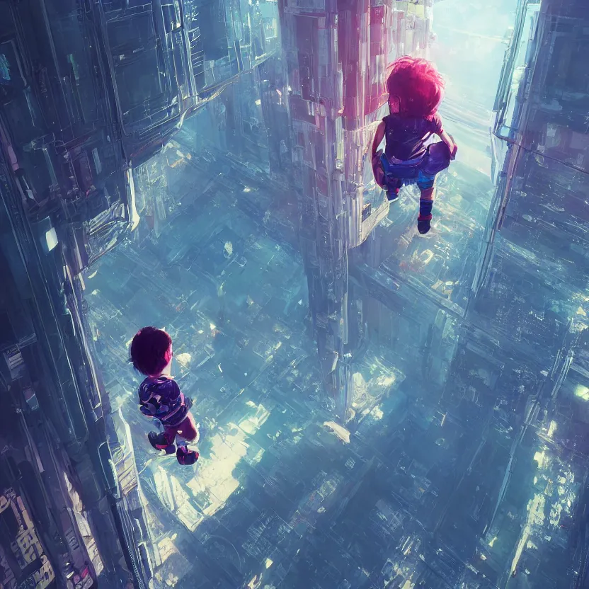 Prompt: An ultra-high resolution photograph of a kid in an elevator mid air, sci-fi, fututistic, by Yoshitaka Amano and Alena Aenami, Trending on Artstation, nvidia, matte painting, unreal enginqe