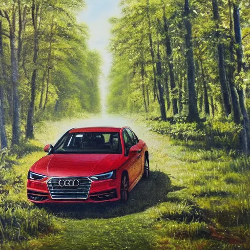 Prompt: oil painting depicting an audi a4 standing in the middle of a forest, there are flowers, big oak trees, grass, the sun is shining through the leaves, godrays, fantasy