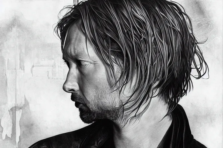 Image similar to hyper realistic portrait of ( thom ) yorke singer songwriter ok computer, side profile, liminal space, by lee bermejo, alphonse mucha and greg rutkowski