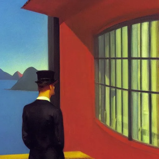 Image similar to rio de janeiro painted by edward hopper, cinematic, character looking away