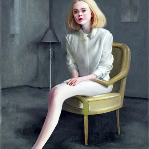 Image similar to Elle Fanning sitting on a white leather chair in the world of Brenda Zlamany, head and shoulders portrait, stormy weather, extremely detailed masterpiece, oil on canvas, low-key neon lighting, artstation, Blade Runner 2049, Roger Deakin’s cinematography, by J. C. Leyendecker and Peter Paul Rubens and Edward Hopper and Michael Sowa,