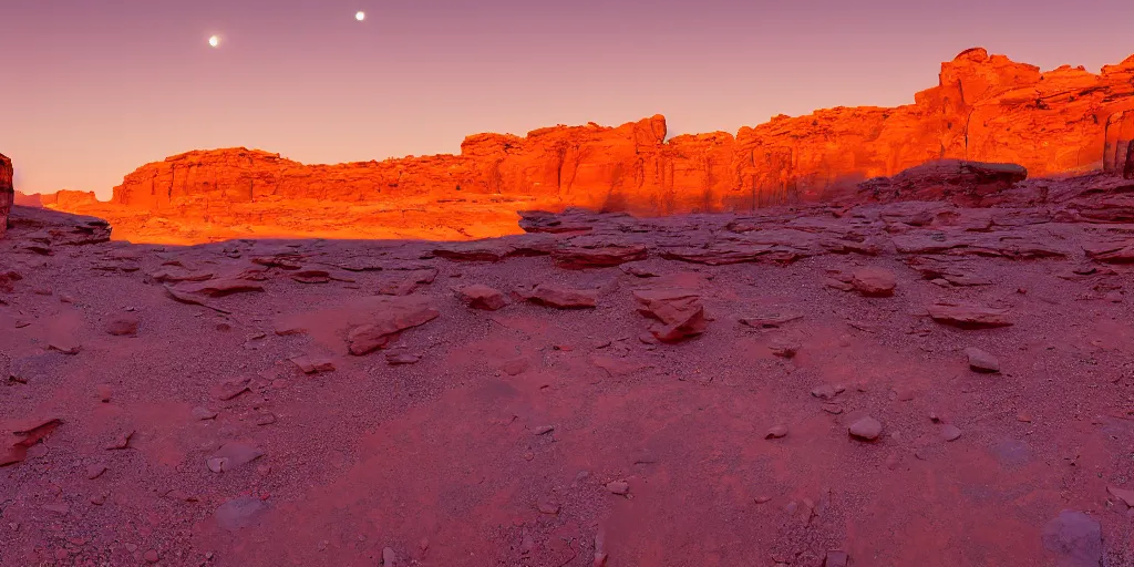 Image similar to a view looking out of a cave of a dried up river bend running through a canyon surrounded by desert mountains at sunset on mars, purple sky, two moons, planet mars, moab, utah, a tilt shift photo by frederic church, trending on unsplash, hudson river school, photo taken with provia, national geographic photo