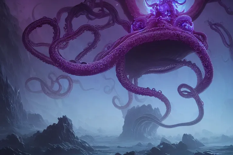 Image similar to An Eldritch Organic Living Empire of The Void made of eyeballs and tentacles, Purple and Blue colored, 4k, masterpiece, cinematic, glowing, by Greg Rutkowski, Trending on Artstation, Behance. Polished, Volumetric Lighting