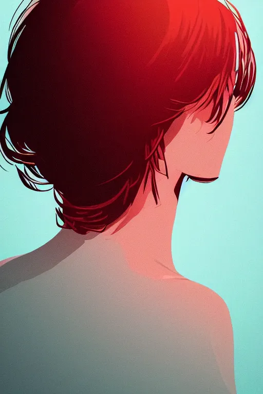 Prompt: upper body portrait. back of a girls head and shoulders. medium length hair. bright red hair! black jumper. lit from the right side, white light. centered median photoshop filter cutout vector behance hd artgerm jesper ejsing!