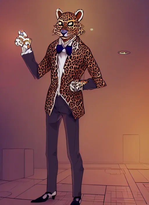 Image similar to commission of a beautiful portrait of a male anthro leopard fursona wearing a dress shirt and bowtie in a futuristic casino. character design by Kinoshita Jiroh, Hyaku. Detailed, soft lighting, rendered in octane