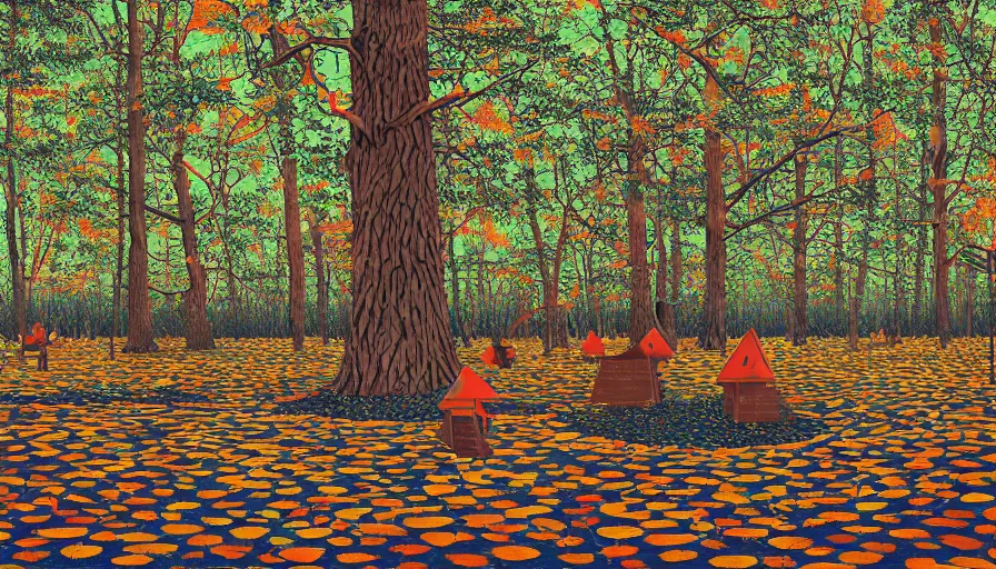 Image similar to safety cones scattered around an oak tree forest checker board forest floor, by james jean by ilya kuvshinov kintsugi, hyper detailed surrealist painting