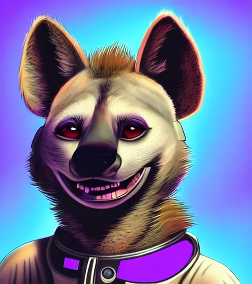 Image similar to digital detailed art of furry female hyena, in style of zootopia, fursona, furry, furaffinity, deviantart, wearing astronaut outfit, in style of mark arian, floating in space, space background, hyena fursona, cyberpunk, female, detailed face, style of artgerm,