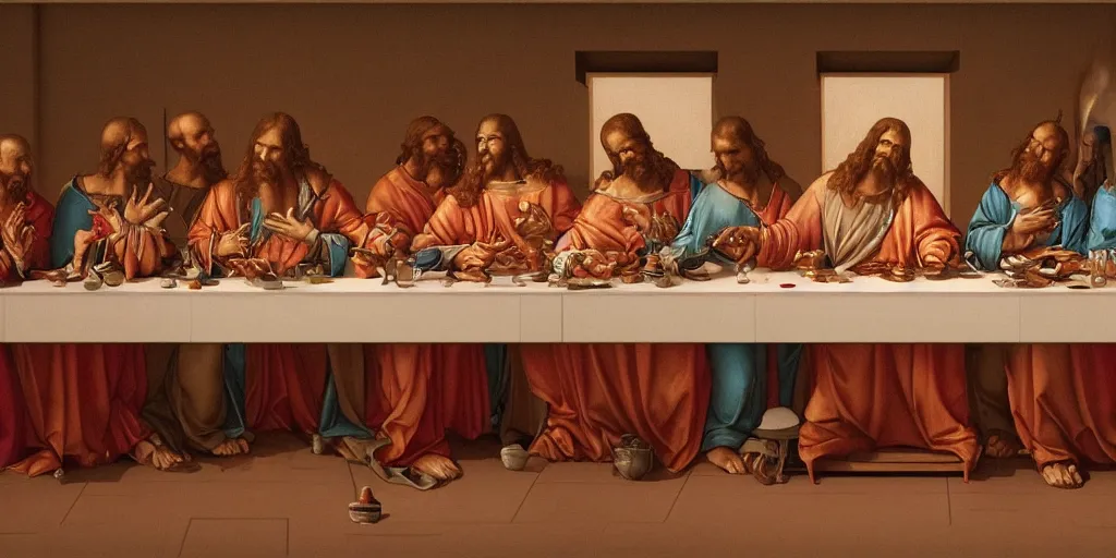 Image similar to the last supper of robots as apostles in leonardo da vinchi style. digital art, artstation, concept art, smooth, sharp focus, illustration, art by sorayama