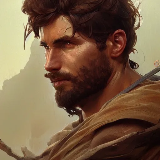 Image similar to portrait of rugged male ranger d & d muscular fantasy intricate elegant headshot portrait detailed face coherent face highly detailed digital painting artstation concept art smooth sharp focus illustration art by artgerm and greg rutkowski and alphonse mucha