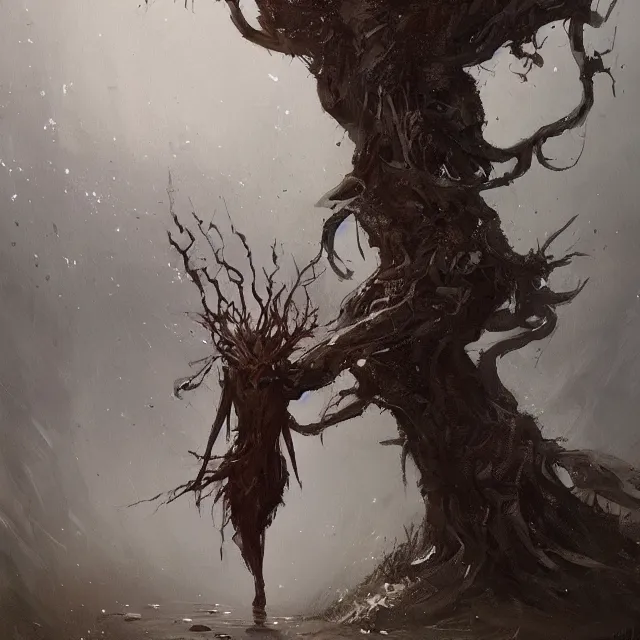 Image similar to a painting of a walking tree by greg rutkowski, dark fantasy art, high detail, trending on artstation