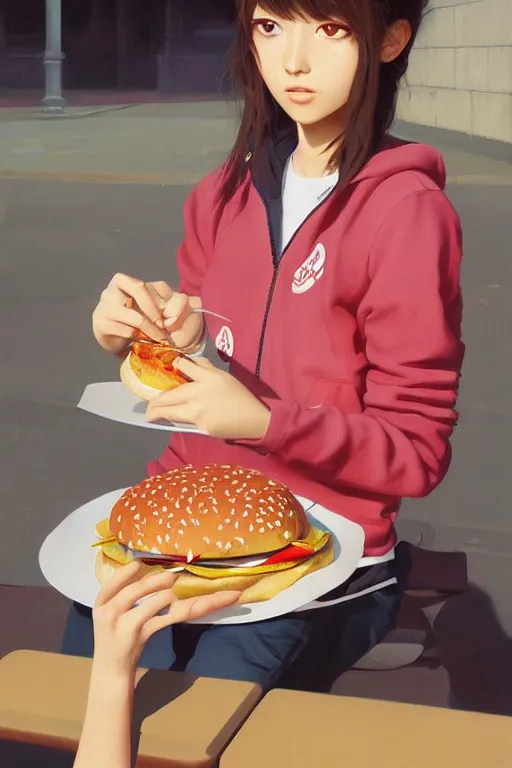 Image similar to A ultradetailed beautiful panting of a stylish girl wearing streetwear eating a burger, Oil painting, by Ilya Kuvshinov, Greg Rutkowski and Makoto Shinkai