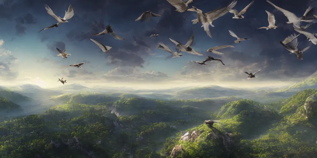 Prompt: a professional photographic view picture of birds over a heavenly land ,photographic filter unreal engine 5 realistic hyperdetailed 8k ultradetail cinematic concept art volumetric lighting, fantasy artwork, very beautiful scenery, very realistic painting effect, hd, hdr, cinematic 4k wallpaper, 8k, ultra detailed, high resolution, artstation trending on artstation in the style of Albert Dros glowing rich colors powerful imagery