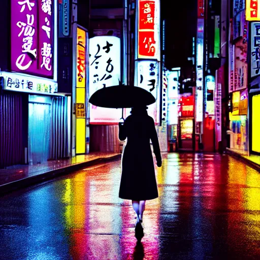 Image similar to a woman holding an umbrella, walking down the streets of tokyo, with neon signs, while it's raining. cinematic lighting, digital art. award winning.