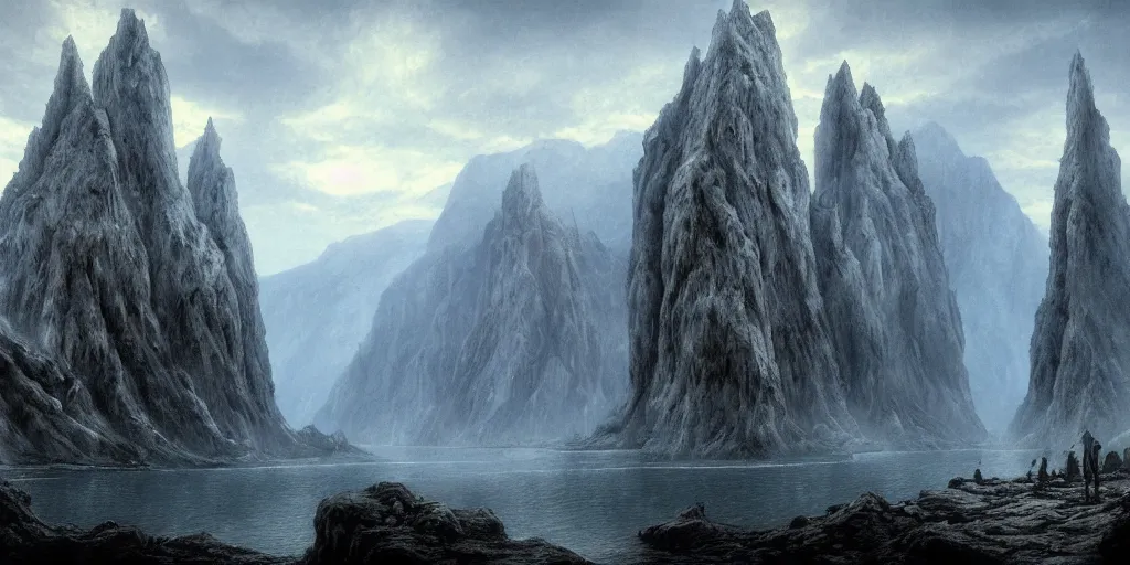 Image similar to Argonath statues at the river Anduin, evening, detailed matte painting, cinematic, Alan Lee, Artstation