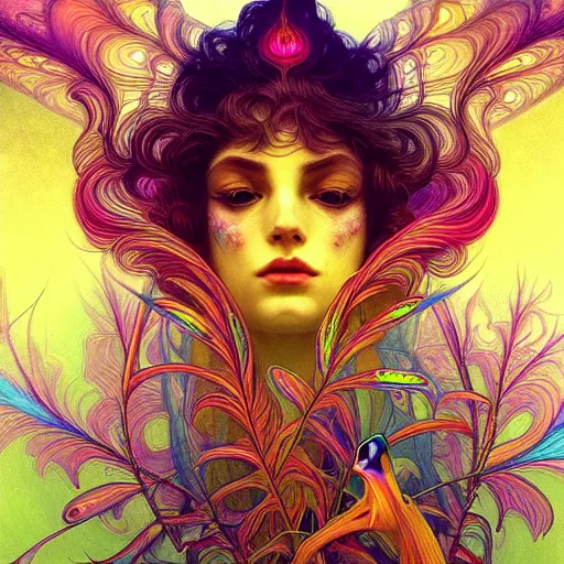 Image similar to An extremely psychedelic experience, reality bending, colorful, surreal, feathers, illuminated, magic mushrooms, psilocybin, LSD, face, detailed, intricate, elegant, highly detailed, digital painting, artstation, concept art, smooth, sharp focus, illustration, art by Krenz Cushart and Artem Demura and alphonse mucha