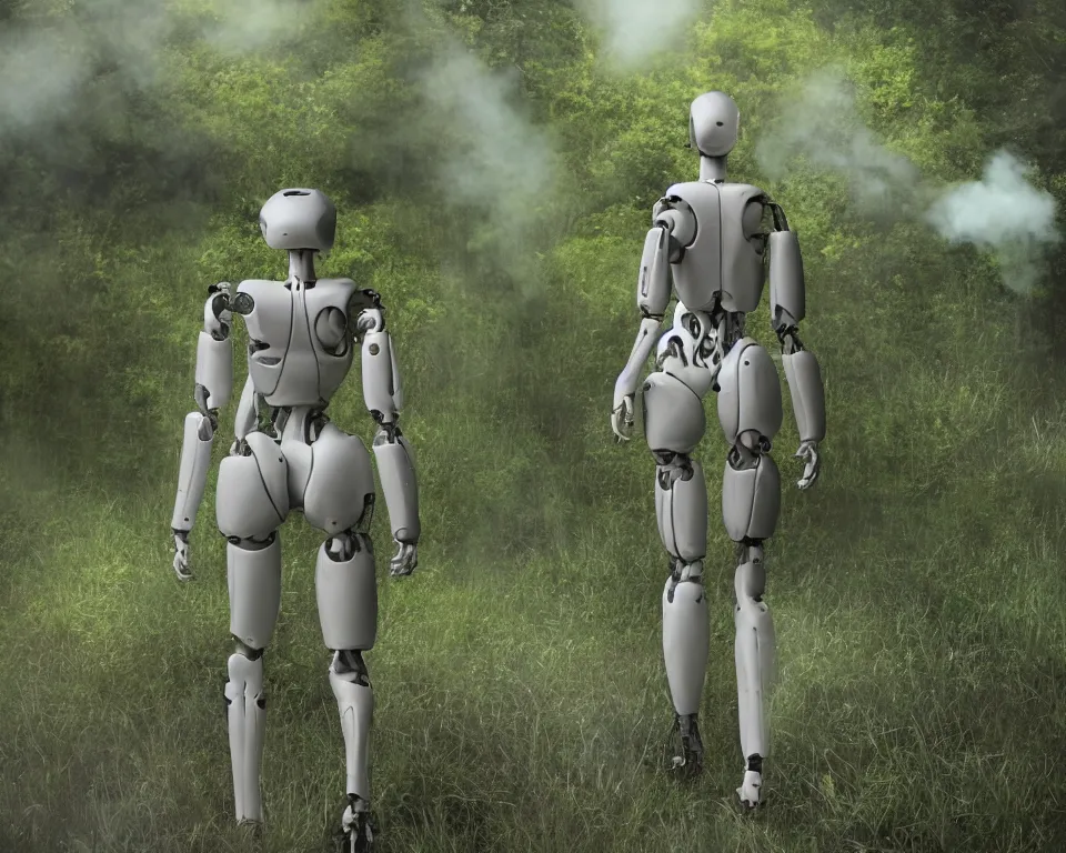 Image similar to rear of a realistic humanoid female robot surrounded by green gas, rea