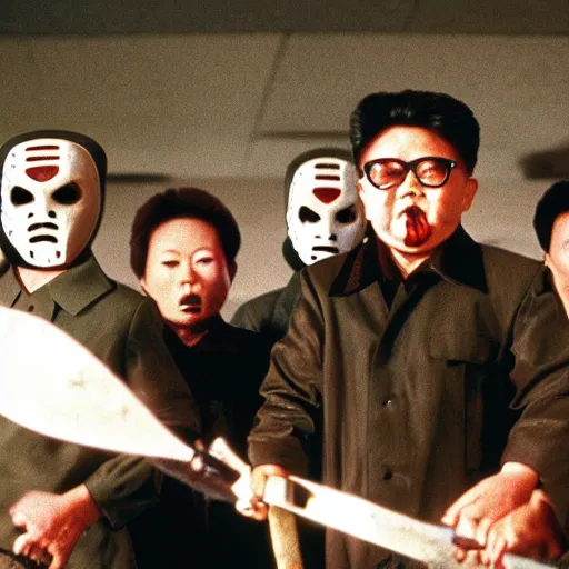 Prompt: a still of Kim Jong-il as Jason Voorhees, north Korean slasher, iconic hockey mask, machete