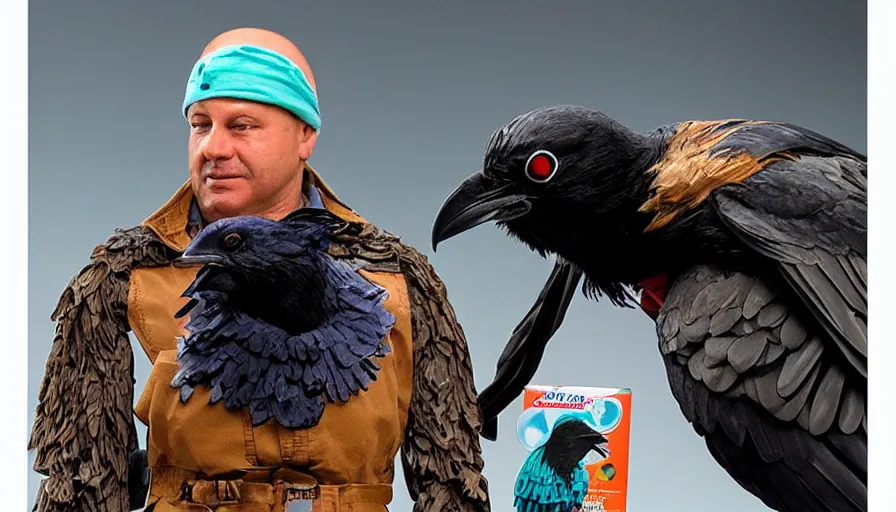 Prompt: action figure in package, man with raven as a head, collectors edition, mint condition