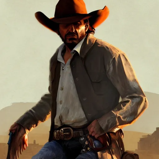 Prompt: portrait of a man with a long duster, grey hair and a cowboy hat, greek origin, harsh good looking face, drawn by ruan jia, fantasy art, red dead redemption, django, town background, dramatic lighting, digital art, 8 k, extremely detailed