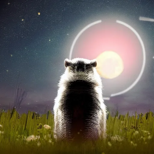 Prompt: a badger watching a starry sky and moonrise, realistic, 4k,