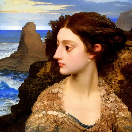 Image similar to a beautifully highly detailed close up portrait of a raven under a rock arch, coves crashing waves plants, beautiful serene sunset, detailed organic textures, by frederic leighton and rosetti and turner and eugene von guerard, 4 k