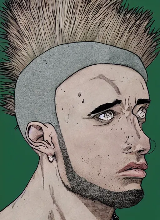 Image similar to portrait of a man with gray and green mohawk wearing a gray headset and brown tank top, gray and green mohawk, gray headset, brown tank top. art by oliver bonhomme, oliver bonhomme artwork. portrait.