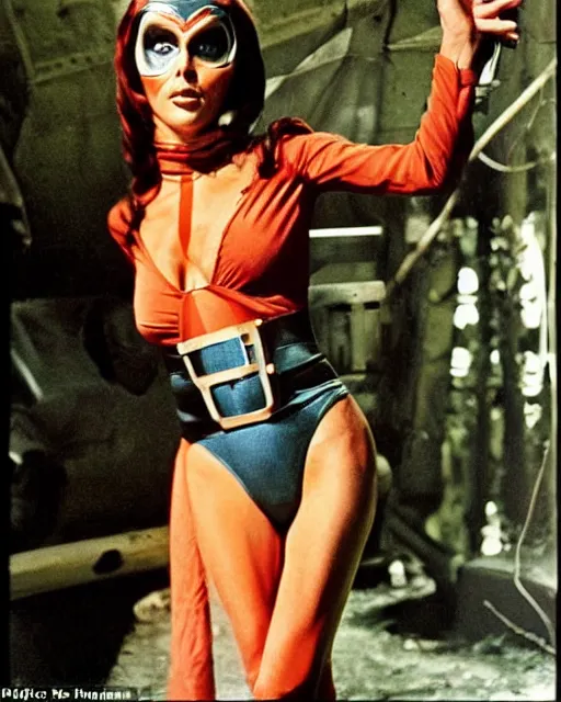 Prompt: color photos of beautiful 1960s actress Linda Harrison dressed as Nova from the original Planet of The Apes Movie shot in the Style of Annie Leibovitz