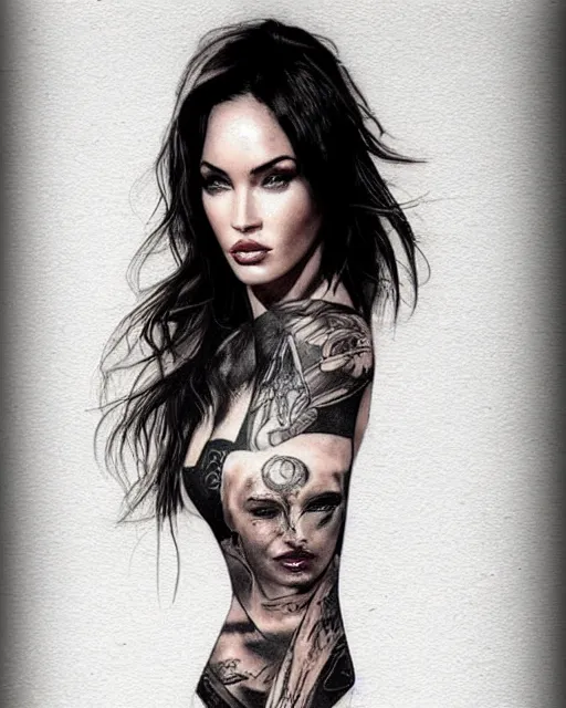 Image similar to double exposure effect tattoo design sketch of megan fox and beautiful mountains, surrealism tattoo, in the style of matteo pasqualin, amazing detail, sharp